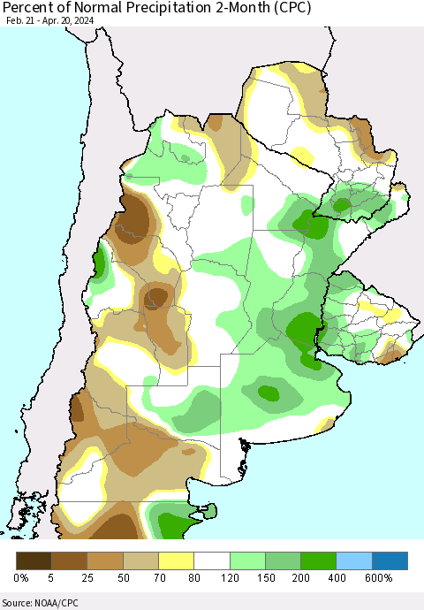 Southern South America Percent of Normal Precipitation 2-Month (CPC) Thematic Map For 2/21/2024 - 4/20/2024