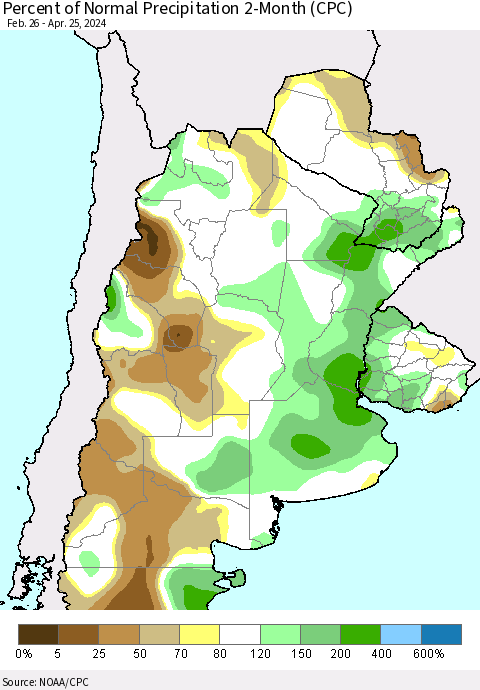 Southern South America Percent of Normal Precipitation 2-Month (CPC) Thematic Map For 2/26/2024 - 4/25/2024