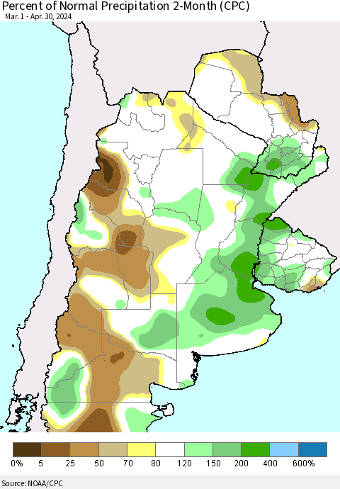 Southern South America Percent of Normal Precipitation 2-Month (CPC) Thematic Map For 3/1/2024 - 4/30/2024