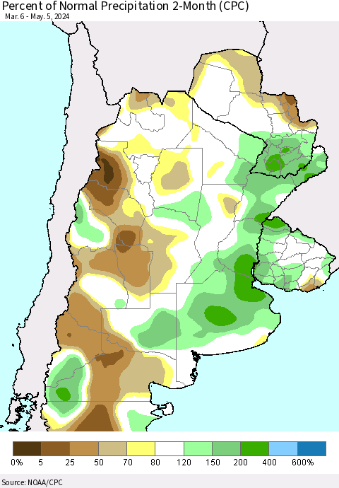 Southern South America Percent of Normal Precipitation 2-Month (CPC) Thematic Map For 3/6/2024 - 5/5/2024