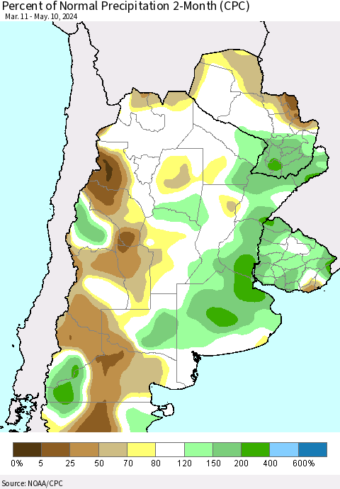 Southern South America Percent of Normal Precipitation 2-Month (CPC) Thematic Map For 3/11/2024 - 5/10/2024