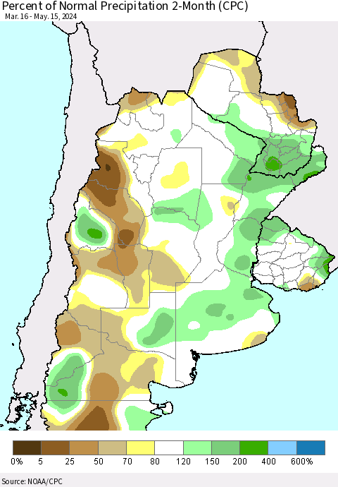 Southern South America Percent of Normal Precipitation 2-Month (CPC) Thematic Map For 3/16/2024 - 5/15/2024