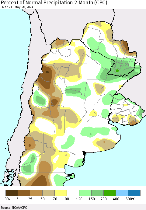 Southern South America Percent of Normal Precipitation 2-Month (CPC) Thematic Map For 3/21/2024 - 5/20/2024