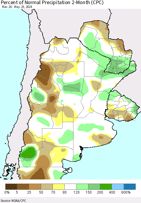 Southern South America Percent of Normal Precipitation 2-Month (CPC) Thematic Map For 3/26/2024 - 5/25/2024
