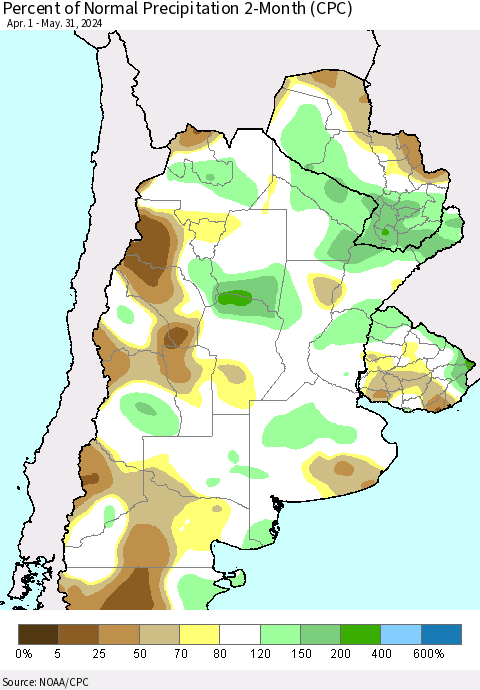 Southern South America Percent of Normal Precipitation 2-Month (CPC) Thematic Map For 4/1/2024 - 5/31/2024