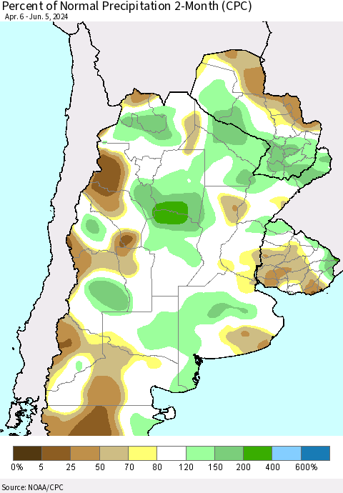 Southern South America Percent of Normal Precipitation 2-Month (CPC) Thematic Map For 4/6/2024 - 6/5/2024