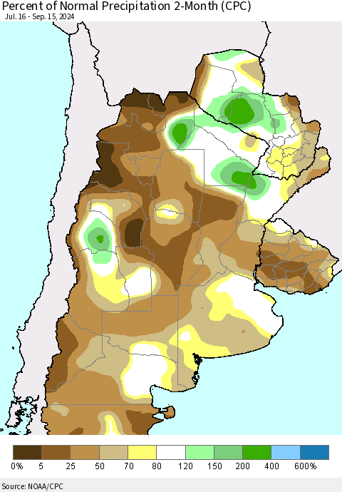 Southern South America Percent of Normal Precipitation 2-Month (CPC) Thematic Map For 7/16/2024 - 9/15/2024