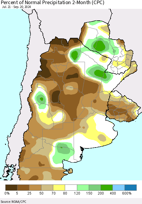 Southern South America Percent of Normal Precipitation 2-Month (CPC) Thematic Map For 7/21/2024 - 9/20/2024
