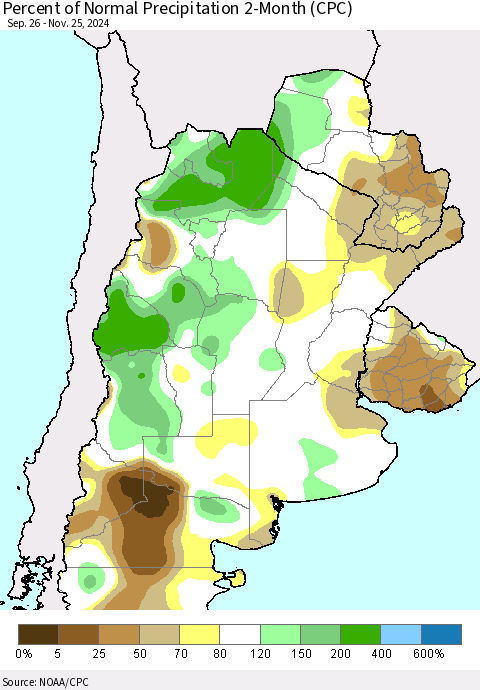 Southern South America Percent of Normal Precipitation 2-Month (CPC) Thematic Map For 9/26/2024 - 11/25/2024