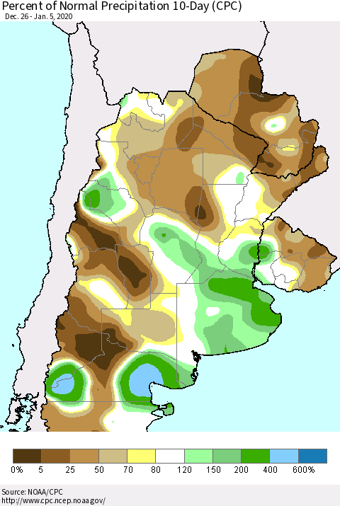 Southern South America Percent of Normal Precipitation 10-Day (CPC) Thematic Map For 12/26/2019 - 1/5/2020