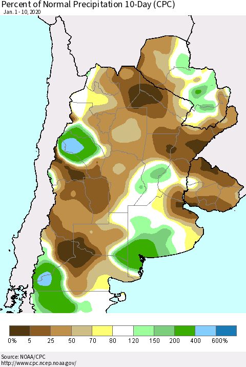 Southern South America Percent of Normal Precipitation 10-Day (CPC) Thematic Map For 1/1/2020 - 1/10/2020