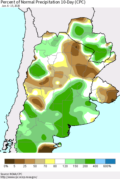 Southern South America Percent of Normal Precipitation 10-Day (CPC) Thematic Map For 1/6/2020 - 1/15/2020