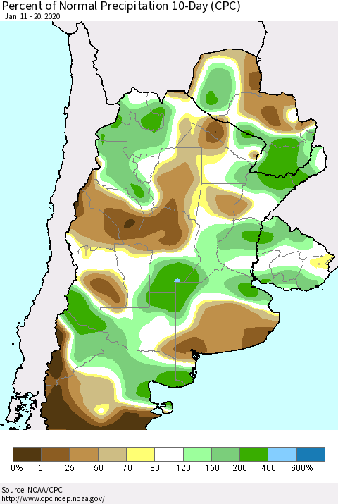 Southern South America Percent of Normal Precipitation 10-Day (CPC) Thematic Map For 1/11/2020 - 1/20/2020