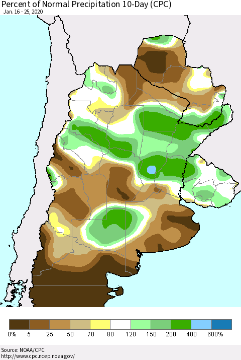 Southern South America Percent of Normal Precipitation 10-Day (CPC) Thematic Map For 1/16/2020 - 1/25/2020