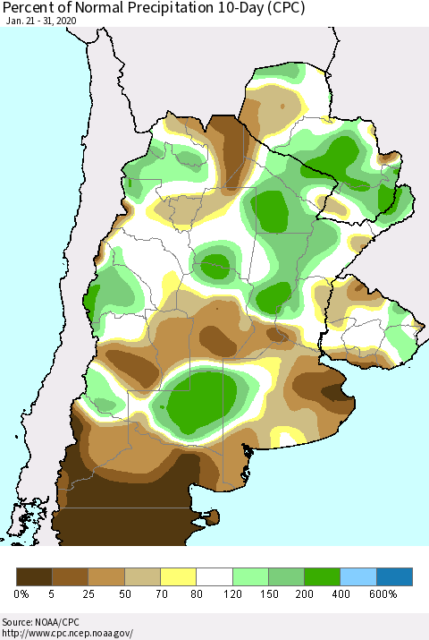 Southern South America Percent of Normal Precipitation 10-Day (CPC) Thematic Map For 1/21/2020 - 1/31/2020