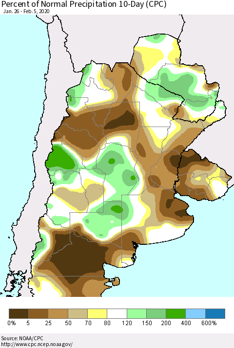 Southern South America Percent of Normal Precipitation 10-Day (CPC) Thematic Map For 1/26/2020 - 2/5/2020