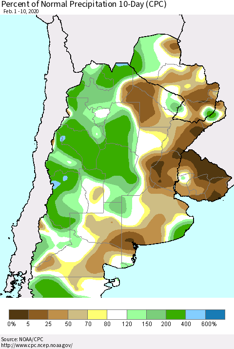 Southern South America Percent of Normal Precipitation 10-Day (CPC) Thematic Map For 2/1/2020 - 2/10/2020