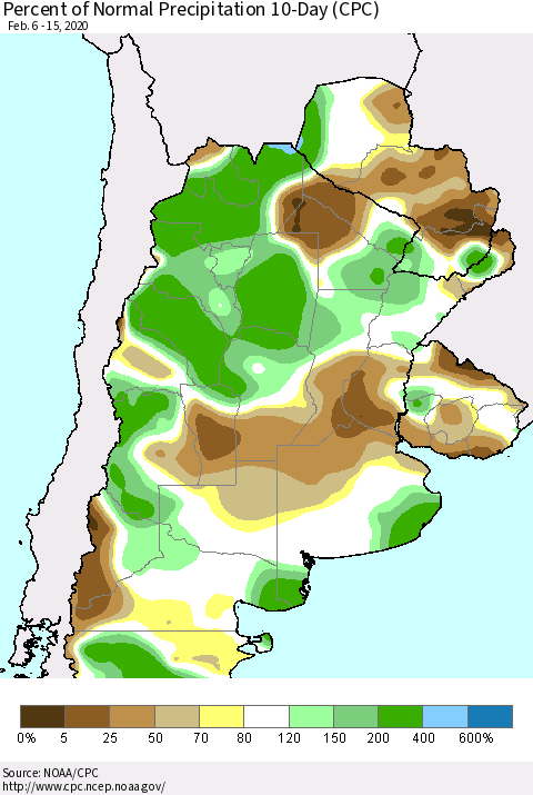 Southern South America Percent of Normal Precipitation 10-Day (CPC) Thematic Map For 2/6/2020 - 2/15/2020