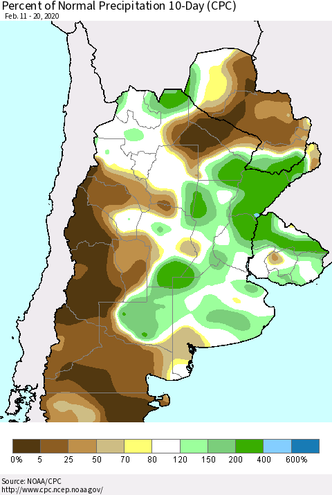 Southern South America Percent of Normal Precipitation 10-Day (CPC) Thematic Map For 2/11/2020 - 2/20/2020