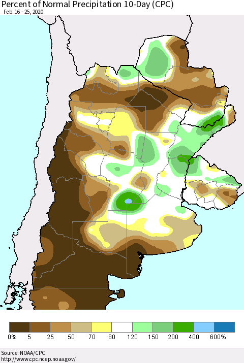 Southern South America Percent of Normal Precipitation 10-Day (CPC) Thematic Map For 2/16/2020 - 2/25/2020