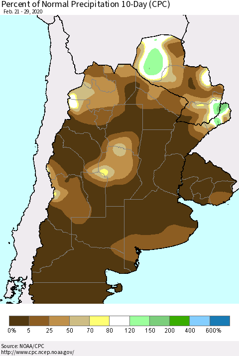 Southern South America Percent of Normal Precipitation 10-Day (CPC) Thematic Map For 2/21/2020 - 2/29/2020