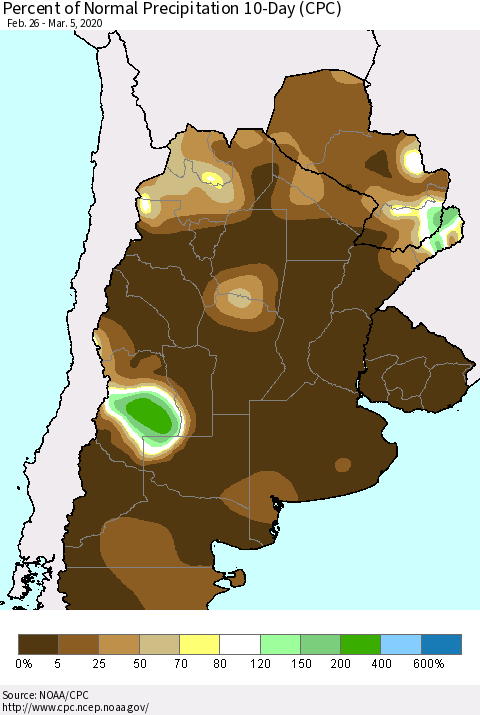 Southern South America Percent of Normal Precipitation 10-Day (CPC) Thematic Map For 2/26/2020 - 3/5/2020
