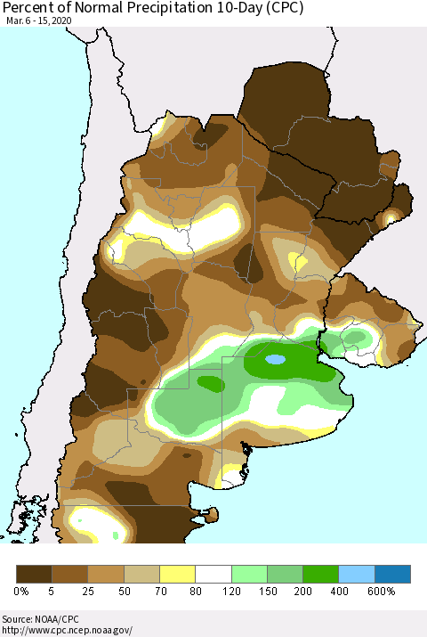 Southern South America Percent of Normal Precipitation 10-Day (CPC) Thematic Map For 3/6/2020 - 3/15/2020