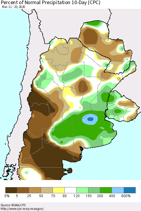 Southern South America Percent of Normal Precipitation 10-Day (CPC) Thematic Map For 3/11/2020 - 3/20/2020