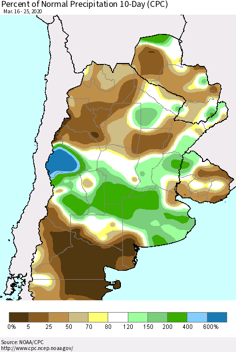 Southern South America Percent of Normal Precipitation 10-Day (CPC) Thematic Map For 3/16/2020 - 3/25/2020