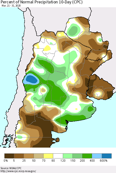 Southern South America Percent of Normal Precipitation 10-Day (CPC) Thematic Map For 3/21/2020 - 3/31/2020