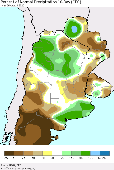 Southern South America Percent of Normal Precipitation 10-Day (CPC) Thematic Map For 3/26/2020 - 4/5/2020