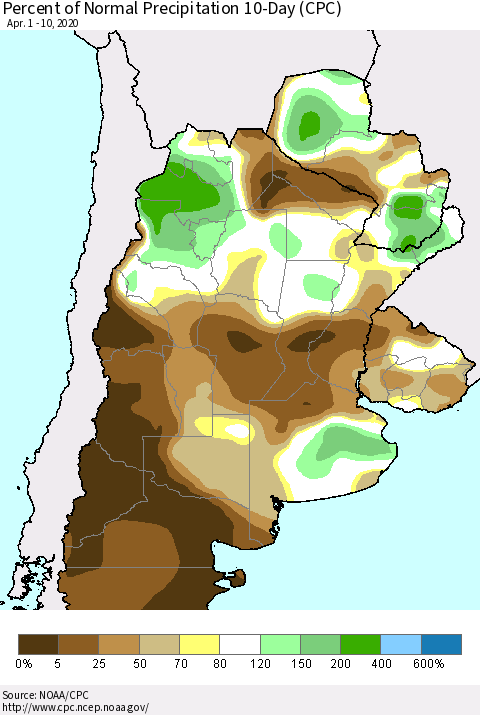 Southern South America Percent of Normal Precipitation 10-Day (CPC) Thematic Map For 4/1/2020 - 4/10/2020