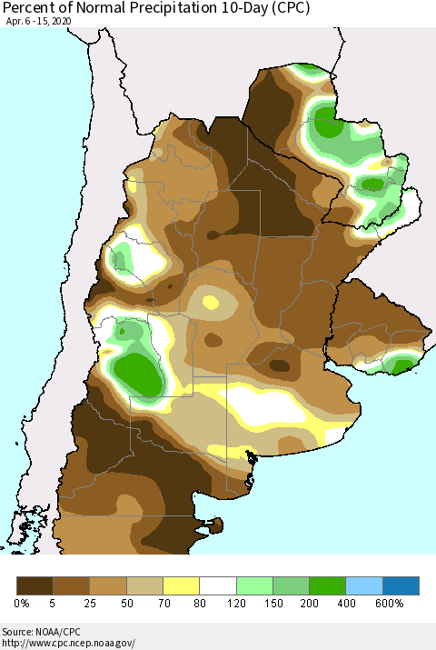 Southern South America Percent of Normal Precipitation 10-Day (CPC) Thematic Map For 4/6/2020 - 4/15/2020