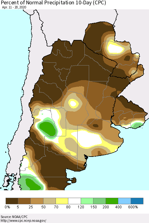 Southern South America Percent of Normal Precipitation 10-Day (CPC) Thematic Map For 4/11/2020 - 4/20/2020