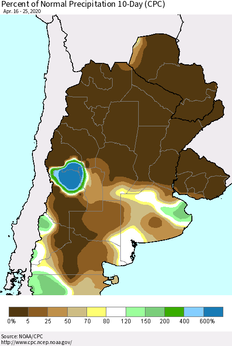 Southern South America Percent of Normal Precipitation 10-Day (CPC) Thematic Map For 4/16/2020 - 4/25/2020