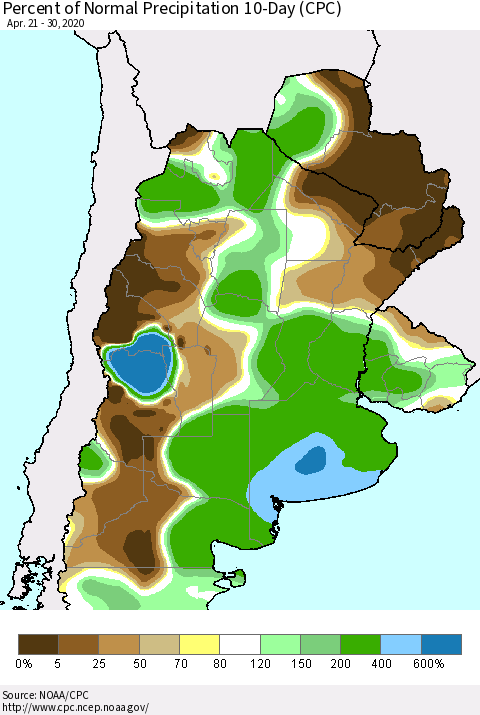 Southern South America Percent of Normal Precipitation 10-Day (CPC) Thematic Map For 4/21/2020 - 4/30/2020