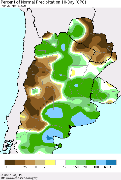 Southern South America Percent of Normal Precipitation 10-Day (CPC) Thematic Map For 4/26/2020 - 5/5/2020