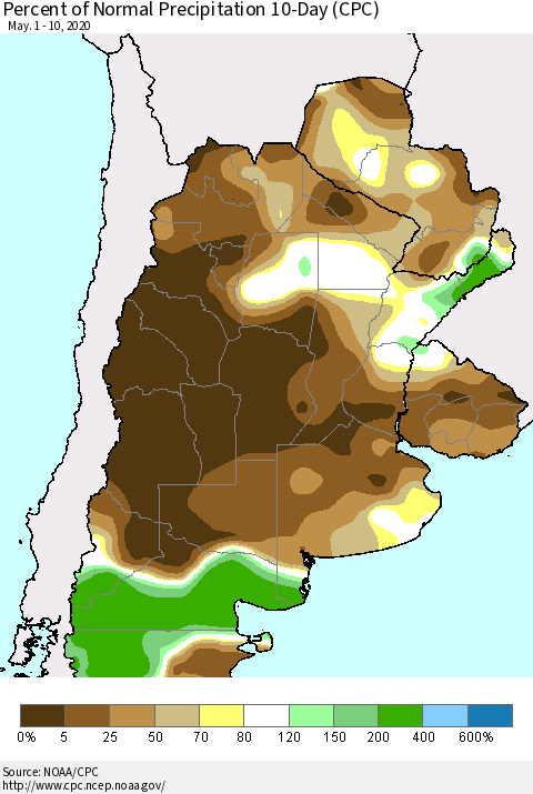 Southern South America Percent of Normal Precipitation 10-Day (CPC) Thematic Map For 5/1/2020 - 5/10/2020