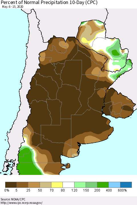 Southern South America Percent of Normal Precipitation 10-Day (CPC) Thematic Map For 5/6/2020 - 5/15/2020