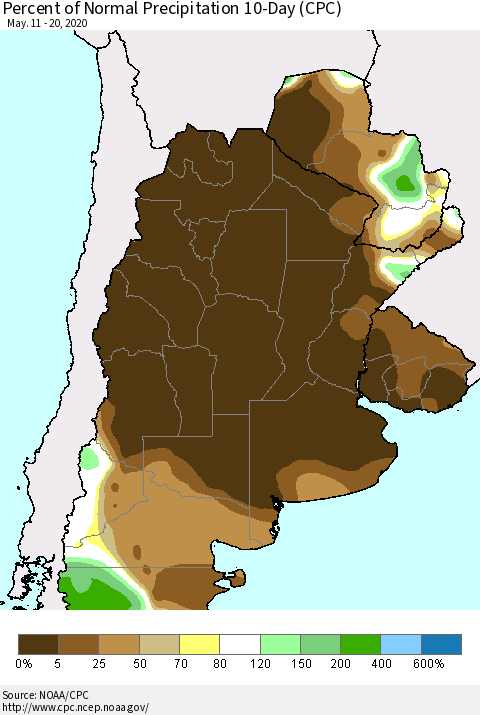 Southern South America Percent of Normal Precipitation 10-Day (CPC) Thematic Map For 5/11/2020 - 5/20/2020