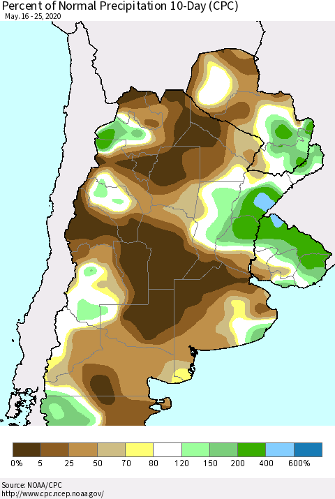 Southern South America Percent of Normal Precipitation 10-Day (CPC) Thematic Map For 5/16/2020 - 5/25/2020