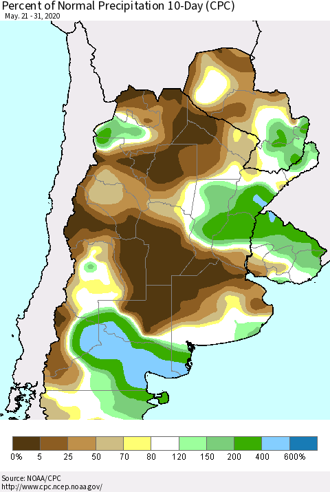 Southern South America Percent of Normal Precipitation 10-Day (CPC) Thematic Map For 5/21/2020 - 5/31/2020