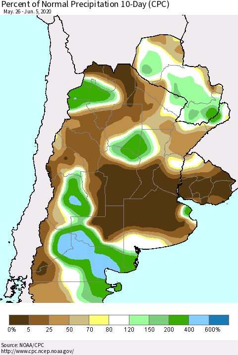 Southern South America Percent of Normal Precipitation 10-Day (CPC) Thematic Map For 5/26/2020 - 6/5/2020