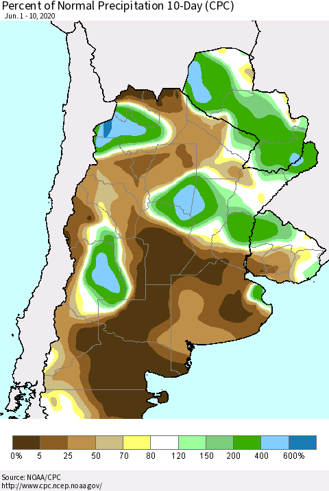 Southern South America Percent of Normal Precipitation 10-Day (CPC) Thematic Map For 6/1/2020 - 6/10/2020