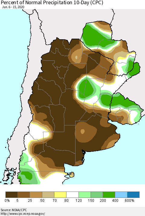 Southern South America Percent of Normal Precipitation 10-Day (CPC) Thematic Map For 6/6/2020 - 6/15/2020