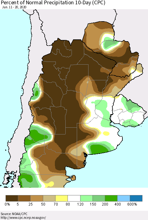 Southern South America Percent of Normal Precipitation 10-Day (CPC) Thematic Map For 6/11/2020 - 6/20/2020
