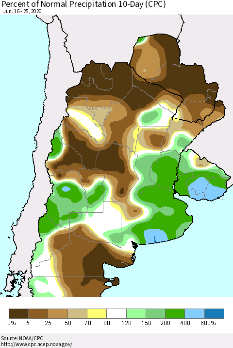 Southern South America Percent of Normal Precipitation 10-Day (CPC) Thematic Map For 6/16/2020 - 6/25/2020