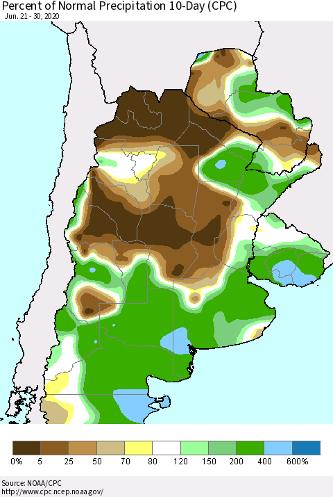 Southern South America Percent of Normal Precipitation 10-Day (CPC) Thematic Map For 6/21/2020 - 6/30/2020