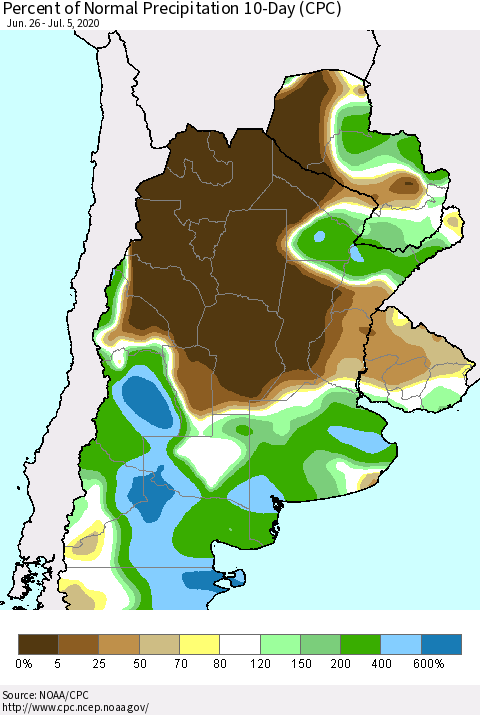 Southern South America Percent of Normal Precipitation 10-Day (CPC) Thematic Map For 6/26/2020 - 7/5/2020