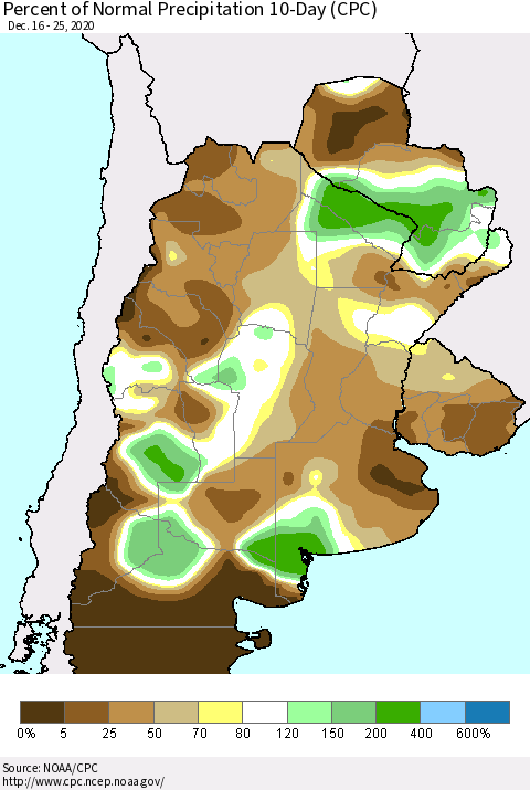 Southern South America Percent of Normal Precipitation 10-Day (CPC) Thematic Map For 12/16/2020 - 12/25/2020
